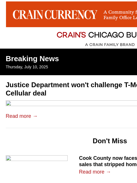 crainalerts newsletter: DOJ won't challenge T-Mobile-U.S. Cellular deal