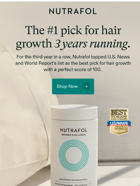 nutrafol newsletter: #1 in hair growth. 3 years in a row.
