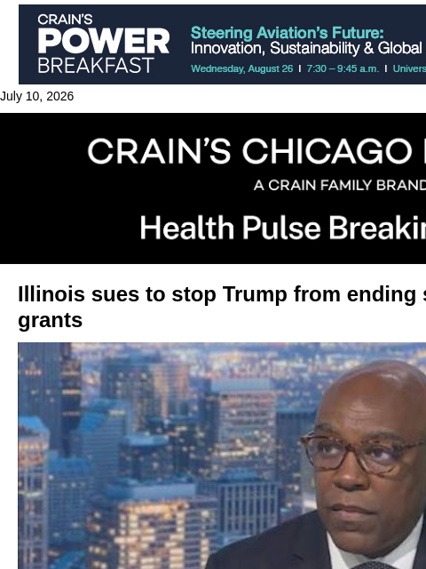 crainalerts newsletter: Illinois sues over mental health grant cuts