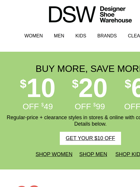 dsw newsletter: $10 off best-dressed-guest styles