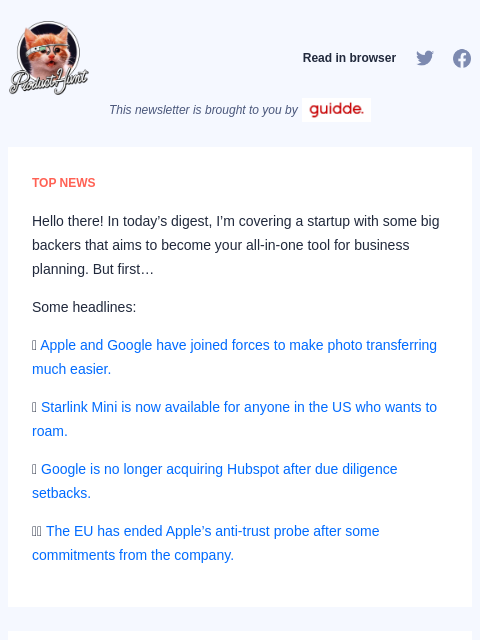 Hello there! In today's digest, I'm covering a startup with some big backers that aims to become your all-in-one tool... Product Hunt Read in browser This newsletter is brought to you by TOP