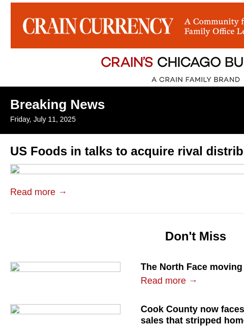 crainalerts newsletter: US Foods in talks to acquire rival distributor