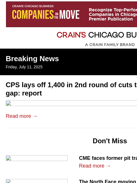 crainalerts newsletter: CPS lays off 1,400: report