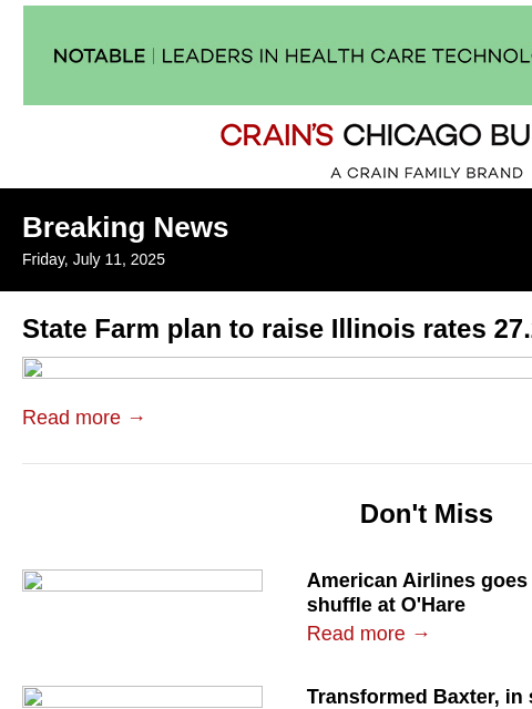 crainalerts newsletter: Pritzker targets State Farm over rate hike