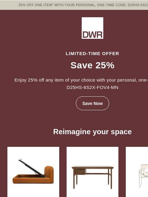 dwr newsletter: 25% off one item continues