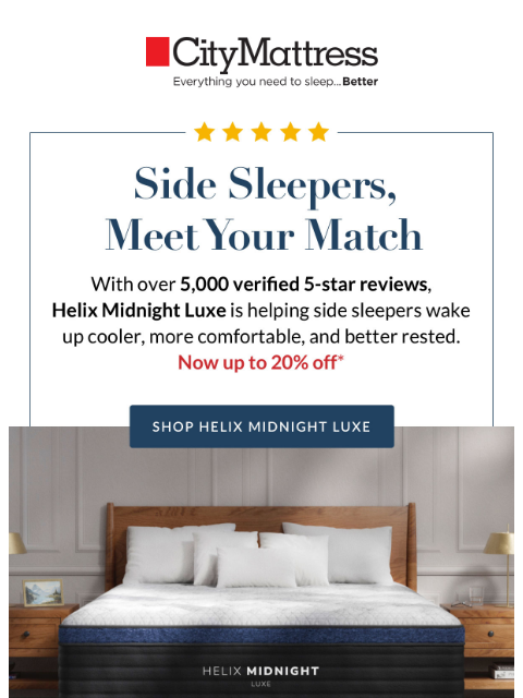 citymattress newsletter: 5,000+ reasons side sleepers love Helix Midnight L...