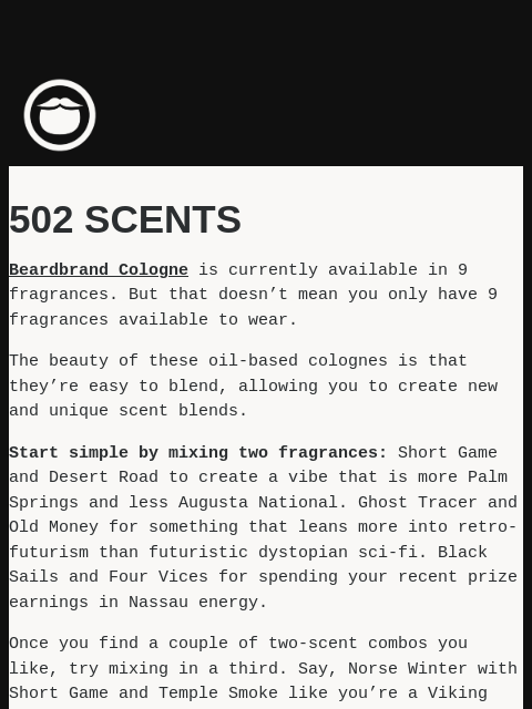 beardbrand newsletter: 9 Fragrances; 502 Scents