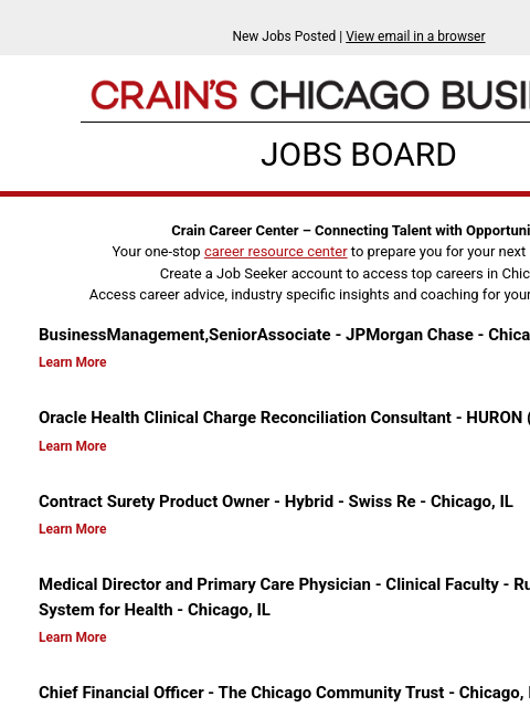 crainalerts newsletter: New jobs posted: BusinessManagement,SeniorAssociat...