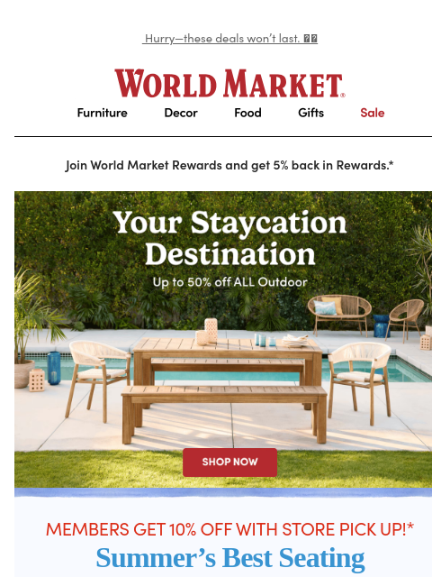 emailworldmarket newsletter: Up to 50% off your outdoor escape 🌴☀️