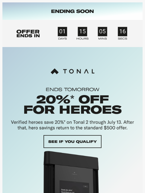 tonal newsletter: Ends tomorrow: 20% off Tonal 2