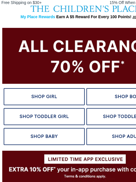 childrensplace newsletter: Psst... 70% Off Clearance is ON NOW 👀