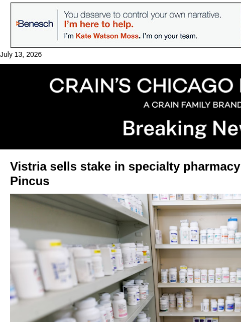 crainalerts newsletter: Vistria sells specialty pharmacy company to Warbur...