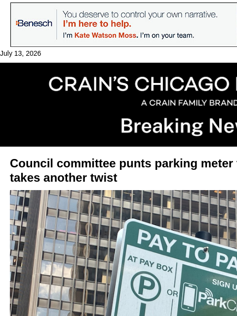 crainalerts newsletter: Parking meter vote delayed as buyout battle takes ...