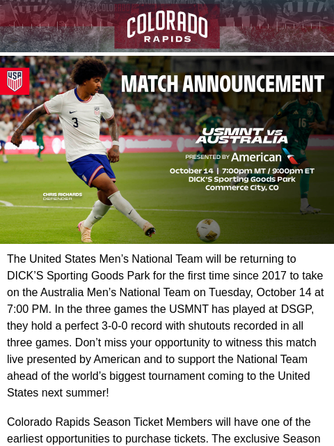 thecoloradorapids newsletter: The U.S. Men’s National Team is Coming to DICK’S S...