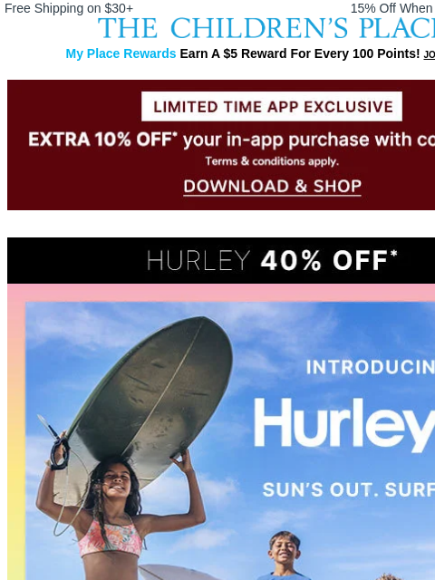 childrensplace newsletter: NEW Hurley: 40% Off Now! 🏄 Trunks, Bikinis & More