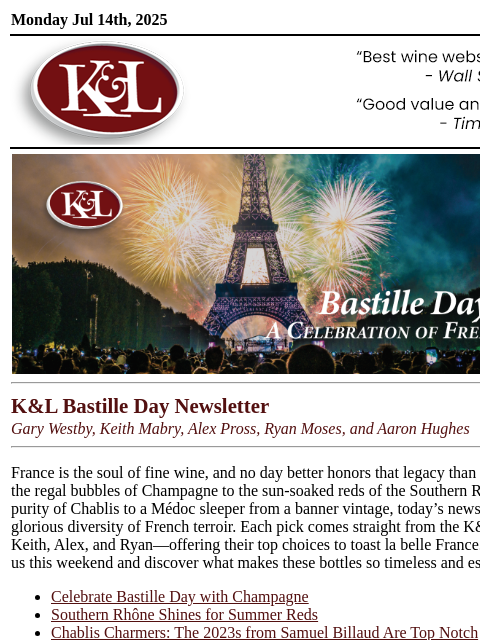 klwines newsletter: Bastille Day Special: Classic France, Unbeatable V...