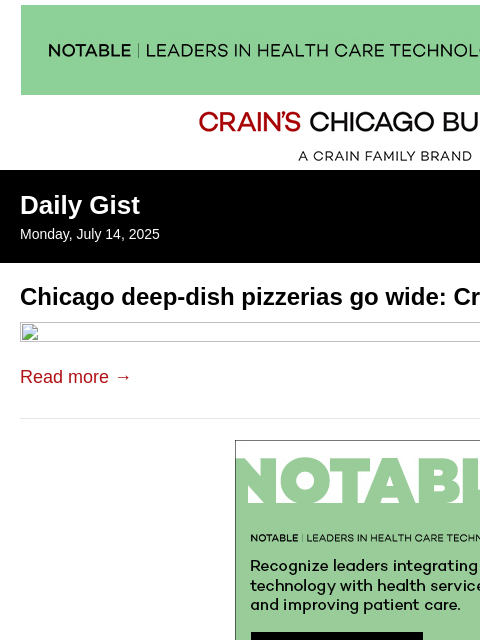 crainalerts newsletter: Chicago deep-dish pizzerias go wide: Crain's Daily...