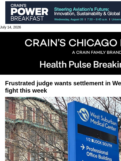 crainalerts newsletter: Judge pushes for West Suburban settlement