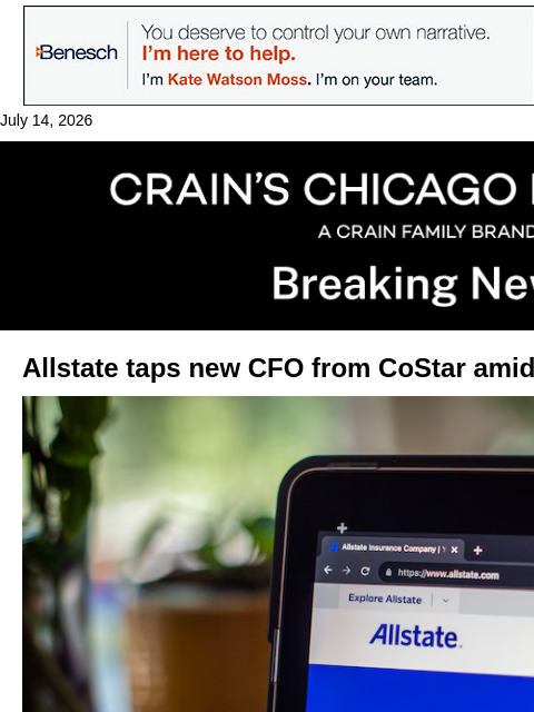 crainalerts newsletter: Allstate names new CFO