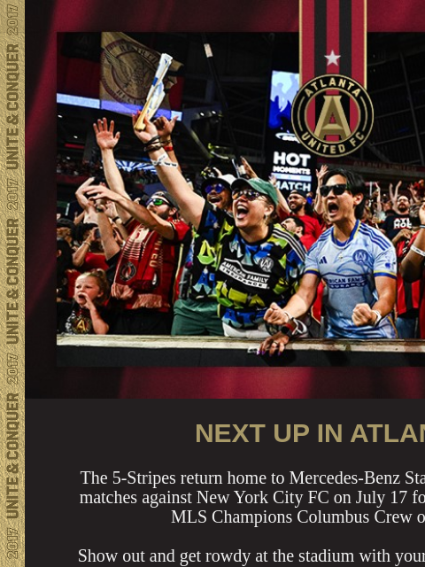 Plus check out elevated seat options… ﻿͏ ﻿͏ ﻿͏ ﻿͏ ﻿͏ ﻿͏ ﻿͏ ﻿͏ ﻿͏ ﻿͏ ﻿͏ ﻿͏ ﻿͏ ﻿͏ ﻿͏ ﻿͏ NEXT UP IN ATLANTA The 5-Stripes return home to Mercedes-Benz Stadium for back-to-back matches against New York