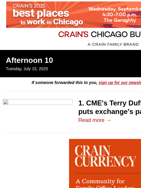 crainalerts newsletter: CME's past in spotlight as Duffy to testify