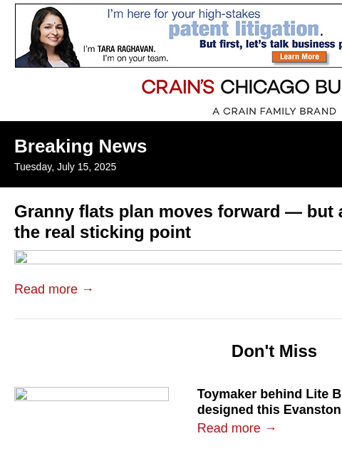 crainalerts newsletter: Granny flats plan moves forward, revives debate