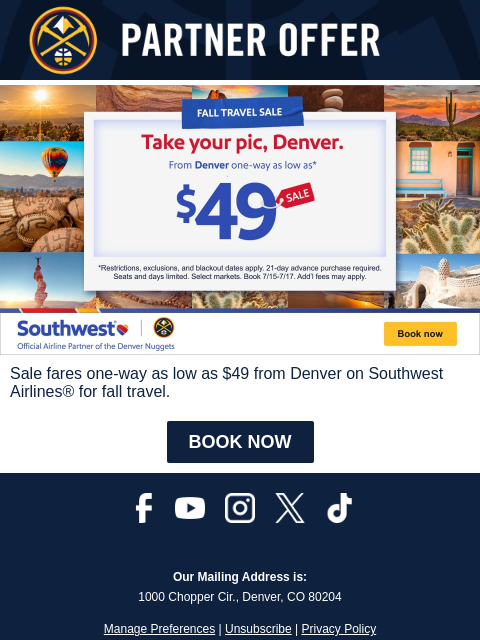 thedenvernuggets newsletter: $49 flights on Southwest from Denver. Hurry, sale ...
