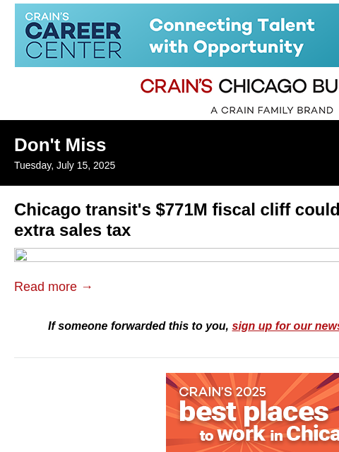crainalerts newsletter: Chicago transit's $771M fiscal cliff may shrink