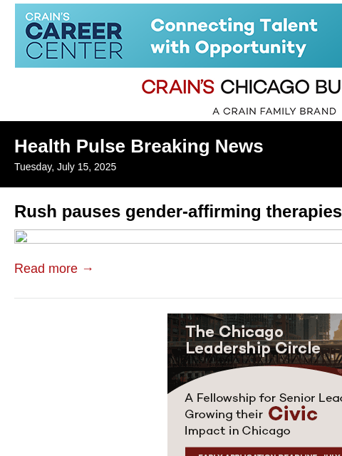 crainalerts newsletter: Rush pauses gender-affirming therapies for minors