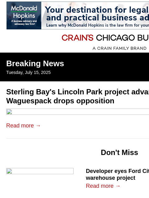 crainalerts newsletter: Long-stalled Sterling Bay residential project adva...