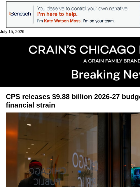 crainalerts newsletter: CPS unveils budget amid financial strain