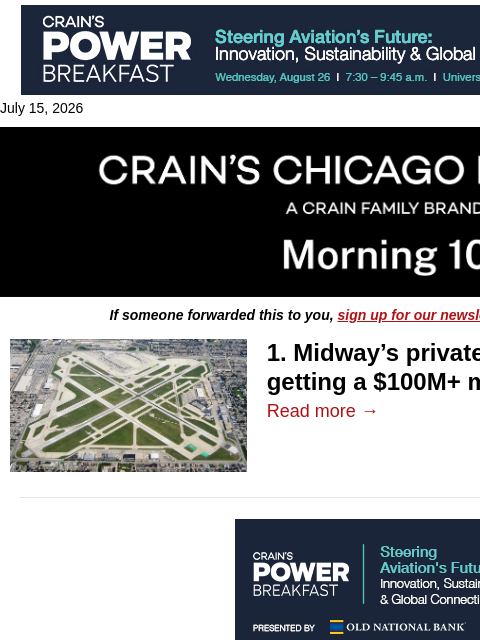 crainalerts newsletter: Midway's corporate jet set to get big upgrade