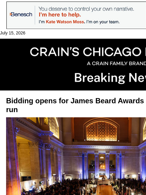 crainalerts newsletter: James Beard Awards team opens bidding for next hos...