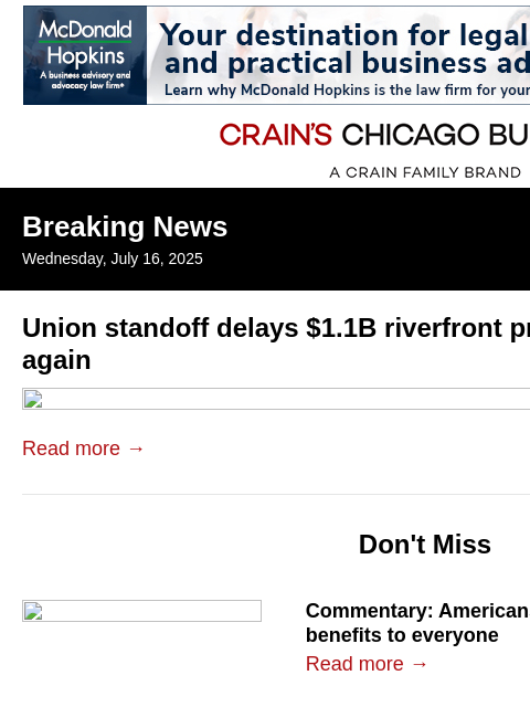 crainalerts newsletter: Standoff delays $1.1B project near Bally's site ag...