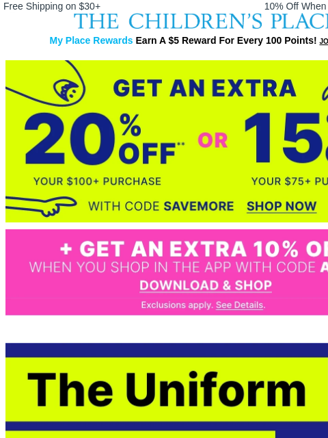 childrensplace newsletter: Stock up + save MORE 🙌 Extra 20% OFF $100+ & Get ...