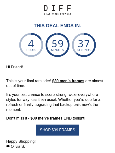 diffeyewear newsletter: Last Call: $39 Men’s Frames End Tonight 🚨