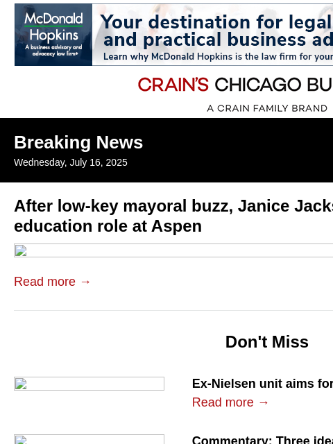 crainalerts newsletter: Janice Jackson lands new education role
