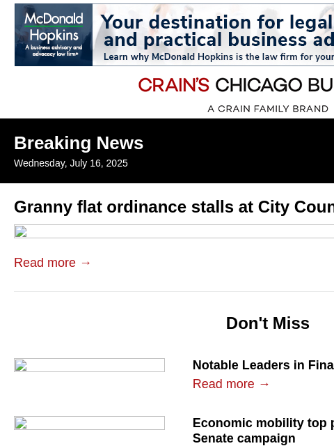 crainalerts newsletter: Granny flat ordinance stalls