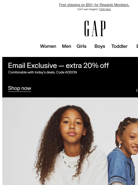 gap newsletter: 50% off school essentials. Shop their year-round f...
