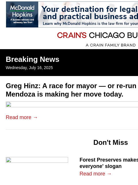 crainalerts newsletter: Mendoza to announce next political move