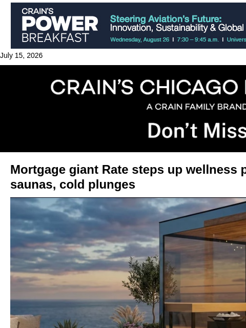 crainalerts newsletter: Mortgage giant Rate steps up wellness pivot