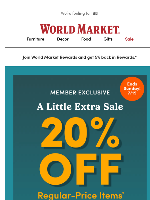 emailworldmarket newsletter: New arrivals. New savings. 20% off inside 👉 