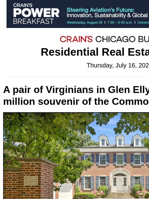 crainalerts newsletter: Virginia-inspired home for sale in Glen Ellyn