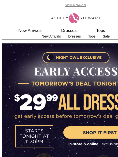 ashleystewart newsletter: 🦉Night Owl — $29.99 ALL dresses