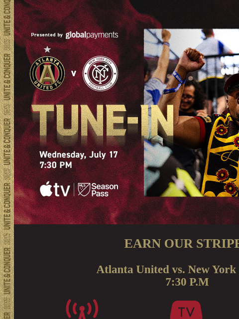 How to tune-in at 7:30pm... ﻿͏ ﻿͏ ﻿͏ ﻿͏ ﻿͏ ﻿͏ ﻿͏ ﻿͏ ﻿͏ ﻿͏ ﻿͏ ﻿͏ ﻿͏ ﻿͏ ﻿͏ ﻿͏ EARN OUR STRIPES Atlanta United vs. New York City FC 7:30 PM LISTEN: 92.9 The Game(ENG) La Mejor(SPA) WATCH: MLS Season Pass