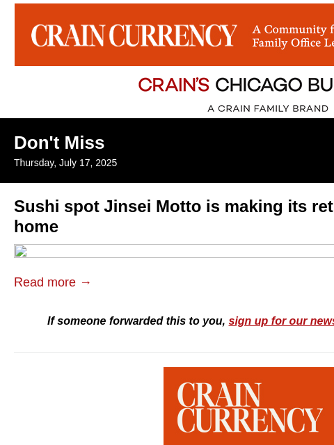 crainalerts newsletter: Sushi spot Jinsei Motto making a return