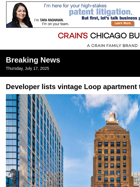 crainalerts newsletter: A vintage Loop apartment tower hits the market
