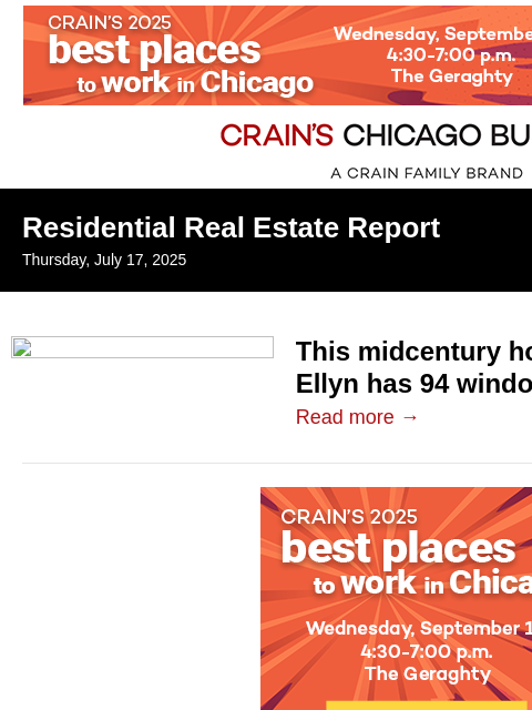 crainalerts newsletter: Midcentury Glen Ellyn home hits the market