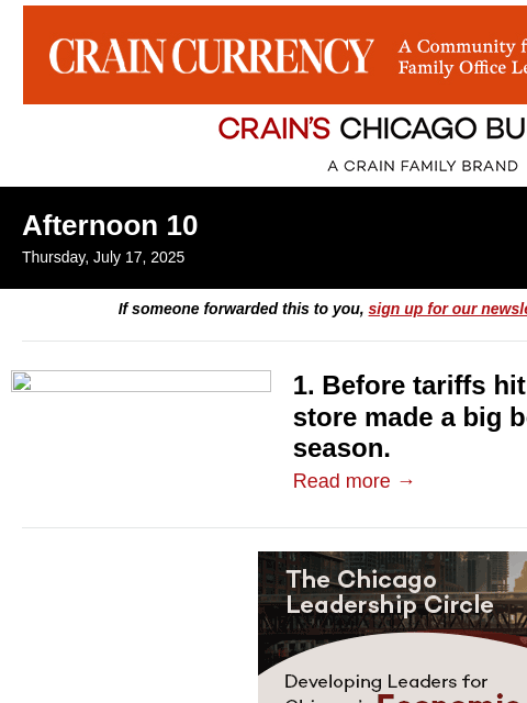 crainalerts newsletter: Toy store's big bet may beat tariffs