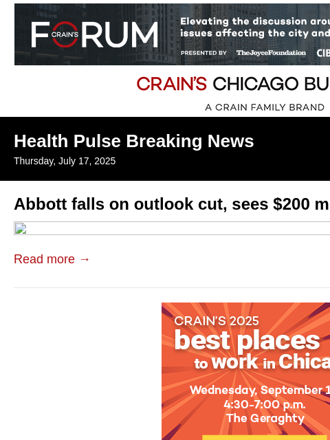 crainalerts newsletter: Abbott sees $200M tariff impact